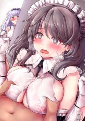 Rule 34 | + +, 1boy, 2girls, absurdres, after ejaculation, after paizuri, azur lane, blush, grabbing another&#039;s breast, breasts, charybdis (azur lane), covered erect nipples, dido (azur lane), dime-san, elbow gloves, full-face blush, gloves, grabbing, grey eyes, grey hair, highres, large breasts, long hair, maid headdress, multiple girls, open mouth, paizuri, paizuri under clothes, peeking, purple hair, see-through, see-through shirt, sleeveless, tears, underboob, white gloves