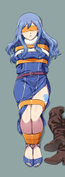 Rule 34 | 1girl, arms behind back, belt, blindfold, blue hair, blush, bound, bound ankles, bound arms, bound legs, bound torso, breasts, fairy tail, juvia lockser, lost one zero, tape, tape bondage, taped eyes, tattoo on leg