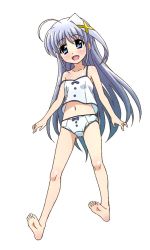 Rule 34 | 1girl, :d, ahoge, barefoot, blue eyes, blue hair, bow, bow panties, camisole, crotch seam, feet, female focus, floating, full body, hair ornament, long hair, looking at viewer, lyrical nanoha, mahou shoujo lyrical nanoha, mahou shoujo lyrical nanoha a&#039;s, miyajima hitoshi, open mouth, panties, reinforce zwei, shirt, simple background, smile, soles, solo, spaghetti strap, strap slip, toes, underwear, underwear only, white background, white panties, white shirt, x hair ornament
