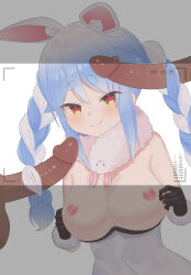 Rule 34 | 1girl, 2boys, bare arms, bare shoulders, black gloves, blue hair, blush, braid, breasts, breasts out, camera, closed mouth, clothes pull, dark-skinned male, dark skin, dot nose, double hairjob, dress, dress pull, eyebrows, fur-trimmed scarf, fur trim, gloves, hairjob, heart, heart-shaped pupils, hetero, highres, hololive, hololive fantasy, interracial, large breasts, large penis, long hair, looking at viewer, multicolored hair, multiple boys, naughty face, nipples, penis, penis close to face, pulled by self, rabbit ears, rabbit girl, recording, scarf, smile, solo focus, symbol-shaped pupils, tanakatanaka12, thick eyebrows, twin braids, two-tone hair, uncensored, upper body, usada pekora, usada pekora (1st costume), virtual youtuber, white dress, white hair, white scarf, yellow eyes