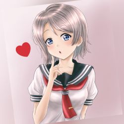 Rule 34 | 1girl, :o, aqua eyes, arm behind back, artist name, artist request, blue eyes, blush, breasts, brown hair, collarbone, collared shirt, female focus, grey hair, grey sailor collar, hair between eyes, heart, highres, light brown hair, looking at viewer, love live!, love live! sunshine!!, neckerchief, necktie, red neckwear, sailor collar, school uniform, shirt, short hair, short sleeves, small breasts, smile, solo, tie clip, upper body, uranohoshi school uniform, watanabe you, white shirt