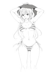 Rule 34 | 1girl, absurdres, armpits, arms up, bad artstreet id, bad id, bikini, blee, blush, breasts, collarbone, gluteal fold, greyscale, highres, hip focus, light smile, long hair, looking at viewer, medium breasts, mole, mole under eye, monochrome, navel, original, parted lips, side-tie bikini bottom, sketch, smile, solo, striped bikini, striped clothes, swimsuit, thighs, undressing