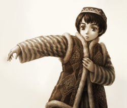 Rule 34 | 1boy, brown theme, child, coat, dressing, embroidery, fur trim, hat, karluk, long sleeves, looking away, looking down, male focus, monochrome, otoyomegatari, outstretched arm, parted lips, satou toshio (suisuisuisui), simple background, solo, striped, upper body