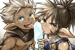 Rule 34 | 2boys, bare shoulders, brown hair, commentary request, food, food in mouth, granblue fantasy, harvin, holding, holding food, holding popsicle, iha tobu, looking at viewer, male focus, multiple boys, muscular, muscular male, open mouth, pointy ears, ponytail, popsicle, popsicle in mouth, sevilbarra, sideburns, skull (granblue fantasy), tongue, tongue out, topless male, white background, white hair