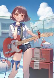 Rule 34 | 1girl, :p, amplifier, bird, blush, brown eyes, brown hair, day, duck, electric guitar, empty pool, feet out of frame, fender (company), fender telecaster, guitar, highres, holding, instrument, kaito (k4itoh), leg ribbon, lifebuoy, looking at viewer, mole, mole on thigh, no pants, one-piece swimsuit, original, outdoors, pool, pool ladder, ribbon, sailor collar, school swimsuit, school uniform, serafuku, short hair, short sleeves, smile, solo, swim ring, swimsuit, swimsuit under clothes, thigh ribbon, tongue, tongue out