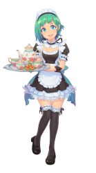 Rule 34 | apron, black dress, black footwear, black socks, black thighhighs, blue hair, ceramics, cookie, cup, dress, food, frilled apron, frilled dress, frilled sleeves, frills, full body, green hair, head tilt, highres, holding, holding tray, kneehighs, knees together feet apart, lace, lace-trimmed legwear, lace trim, leg up, low neckline, maid, maid apron, maid headdress, napkin, original, pagom, short hair, socks, solo, standing, standing on one leg, tea set, teacup, teapot, teeth, thighhighs, thumbprint cookie, transparent background, tray, upper teeth only