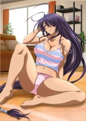 Rule 34 | 00s, 1girl, antenna hair, bare shoulders, barefoot, blouse, blue eyes, bow, bow camisole, bow panties, breasts, cameltoe, camisole, cleavage, collarbone, day, feet, hair over one eye, hand in own hair, ikkitousen, indoors, kan&#039;u unchou, large breasts, long hair, midriff, navel, neck, off-shoulder, official art, panties, pink panties, purple eyes, ribbon camisole, ribbon panties, shiny skin, shirt, sitting, smile, soles, solo, spread legs, stomach, striped camisole, striped clothes, striped shirt, summer, thighs, toenails, toes, underwear, underwear only, very long hair