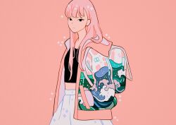 Rule 34 | 1girl, absurdres, backpack, bag, black eyes, cowboy shot, hands in pockets, highres, hood, hoodie, jacket, long hair, looking at viewer, meyoco, midriff, open clothes, open jacket, original, pink background, pink hair, simple background, skirt, solo, sparkle, wave print