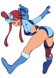Rule 34 | 1girl, absurdres, ass, bent over, blue eyes, blue footwear, blue gloves, boots, breasts, creatures (company), game freak, gloves, gym leader, hair between eyes, hair ornament, highres, jikatarou, large breasts, legs, long hair, long sleeves, looking at viewer, looking back, midriff, nintendo, open mouth, pokemon, pokemon bw, red hair, sidelocks, simple background, skyla (pokemon), smile, solo, suspenders, thighs, white background