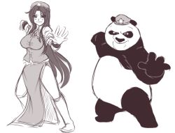 Rule 34 | 1boy, 1girl, alternate hairstyle, breasts, china dress, chinese clothes, crossover, dress, fighting stance, hat, hong meiling, kung fu, kung fu panda, large breasts, long hair, martial arts, monochrome, neko majin, panda, po (kung fu panda), sidelocks, simple background, sketch, star (symbol), touhou, very long hair, white background