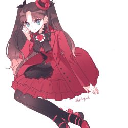 Rule 34 | 1girl, blue eyes, brown hair, byulrorqual, dress, fate/stay night, fate (series), frilled dress, frills, hair ribbon, hat, long hair, mini hat, mini top hat, pantyhose, ribbon, simple background, solo, tohsaka rin, top hat, two side up
