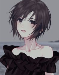 Rule 34 | 1girl, :d, bad id, bad pixiv id, black eyes, black hair, black shirt, blurry, blurry background, cloud, cloudy sky, collarbone, grey background, hachiware, hair between eyes, highres, idolmaster, idolmaster (classic), kikuchi makoto, looking at viewer, off-shoulder shirt, off shoulder, open mouth, outdoors, shirt, short hair, short sleeves, sky, smile, solo, upper body