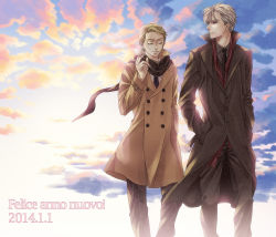 Rule 34 | 2boys, bad id, bad pixiv id, blonde hair, buttons, coat, dated, double-breasted, grey hair, happy new year, italian text, jojo no kimyou na bouken, long coat, multiple boys, new year, prosciutto, red eyes, risotto nero, scarf, sky, trench coat, yukiji