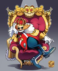 Rule 34 | 1boy, commission, crown, deebs, dr. eggman, facial hair, full body, gloves, grin, highres, crossed legs, long sleeves, looking at viewer, male focus, mustache, shadow, sitting, smile, solo, sonic (series), throne, white gloves