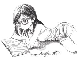 Rule 34 | 1girl, book, glasses, happy birthday, high-waist shorts, hiro (dismaless), lying, monochrome, on stomach, original, reading, shorts
