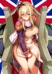 Rule 34 | 1girl, alternate costume, azur lane, braid, commentary request, cosplay, covering crotch, covering privates, embarrassed, french braid, highres, historical name connection, kantai collection, long hair, looking at viewer, name connection, solo, tobi-mura, union jack, warspite (azur lane), warspite (azur lane) (cosplay), warspite (kancolle)