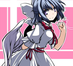 Rule 34 | 1girl, angel wings, blue hair, bow, dress, hair bow, hemogurobin a1c, looking at viewer, mai (touhou), puffy short sleeves, puffy sleeves, purple eyes, sash, short sleeves, smile, solo, string, string of fate, touhou, touhou (pc-98), white dress, wings