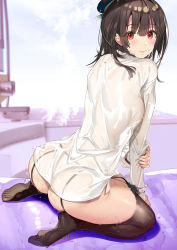 Rule 34 | 1girl, ass, beret, black hair, black thighhighs, blouse, blue hat, blush, closed mouth, from behind, hat, hayakawa akari, highres, kantai collection, long sleeves, looking at viewer, red eyes, see-through, see-through shirt, shirt, short hair, sitting, solo, takao (kancolle), thighhighs, wariza, wet, wet clothes, wet legwear, wet shirt, white shirt