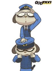 Rule 34 | 2boys, arm up, black neckwear, carrying, carrying over shoulder, daimon kenshirou, daimon koushirou, furry, furry male, glasses, hat, highres, looking at viewer, looking away, male focus, mugicaan1, multiple boys, necktie, odd taxi, police, police hat, police uniform, uniform