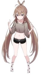 Rule 34 | 1girl, absurdres, ahoge, alternate costume, berry, black shorts, brown eyes, brown hair, brown shirt, crop top, crossed bangs, double v, feather hair ornament, feathers, gym shorts, hair between eyes, hair ornament, hairclip, highres, hololive, hololive english, long hair, looking at viewer, midriff, momip, multicolored hair, nanashi mumei, navel, patterned clothing, ponytail, shirt, short shorts, shorts, simple background, sleeves past elbows, smile, socks, streaked hair, t-shirt, v, very long hair, virtual youtuber, white background, white socks