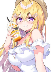Rule 34 | 1girl, bare shoulders, blonde hair, blush, breasts, brown hat, cleavage, cu-no, cup, disposable cup, drinking straw, earrings, hair between eyes, hair ornament, hairclip, hakurei botan, hand up, hat, highres, hisen kaede, holding, holding cup, jewelry, large breasts, long hair, looking at viewer, nail polish, off-shoulder shirt, off shoulder, purple eyes, purple nails, shirt, signature, simple background, smile, solo, upper body, very long hair, white background, white shirt