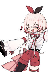 Rule 34 | 1girl, :d, ^ ^, asymmetrical legwear, beamed sixteenth notes, belt, black belt, black legwear, blush, closed eyes, eighth note, closed eyes, girls&#039; frontline, highres, long hair, long sleeves, m4 sopmod ii (girls&#039; frontline), m4 sopmod ii (the guarded beloved) (girls&#039; frontline), mion ing, multicolored hair, musical note, neck ribbon, official alternate costume, open mouth, pink hair, red hair, red ribbon, red shorts, ribbon, shirt, shorts, simple background, smile, solo, star (symbol), streaked hair, thigh strap, two-tone bow, white shirt, wide sleeves