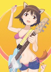 Rule 34 | 1girl, barefoot, bikini, blue shorts, blush, breasts, brown eyes, brown hair, collarbone, guitar, heart, heart-shaped pupils, highres, instrument, keicha (kmoekaki), looking at viewer, miyafuji yoshika, navel, open clothes, open mouth, open shorts, pink bikini, short hair, short shorts, shorts, side-tie bikini bottom, small breasts, smile, solo, strike witches, swimsuit, symbol-shaped pupils, tanuki ears, tanuki tail, world witches series