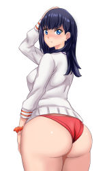 Rule 34 | 10s, 1girl, ass, black hair, blue eyes, blush, breasts, from behind, gridman universe, highres, huge ass, long hair, looking at viewer, looking back, medium breasts, panties, red panties, shirt, solo, ssss.gridman, standing, takarada rikka, thelorope, thick thighs, thighs, underwear