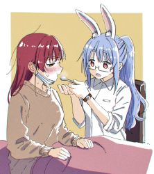 Rule 34 | 2girls, animal ears, bad id, bad twitter id, blue hair, blush, chair, cold pack, commentary request, dress shirt, feeding, fever, highres, holding, holding spoon, hololive, homura (hmr0222), houshou marine, long hair, long sleeves, mask, mask pull, mouth mask, multiple girls, open mouth, rabbit ears, red eyes, red hair, shirt, sick, sitting, spoon, surgical mask, usada pekora, virtual youtuber, watch, white shirt, wristwatch