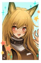 Rule 34 | 1girl, 3 (sanyako1), :d, absurdres, animal ears, arknights, blue background, blush, border, brown coat, brown hair, ceobe (arknights), coat, dog ears, fang, hair between eyes, hand up, highres, long hair, looking at viewer, open mouth, red eyes, simple background, skin fang, smile, solo, sparkle, star (symbol), upper body, white border