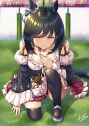Rule 34 | 1girl, animal ears, apron, bare shoulders, black hair, black thighhighs, blush, breasts, closed eyes, closed mouth, collarbone, detached sleeves, eishin flash (umamusume), hair between eyes, highres, horse ears, horse girl, horse tail, izumo-ss-yoshitunedenn, medium breasts, on one knee, short hair, signature, solo, tail, thighhighs, twitter username, umamusume, waist apron, white apron