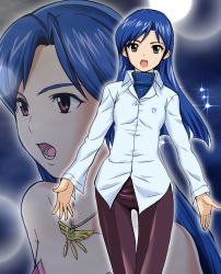 Rule 34 | 00s, 1girl, :o, blue hair, buttons, collared shirt, dress shirt, g-tetsu, green eyes, highres, idolmaster, idolmaster (classic), idolmaster 1, kisaragi chihaya, long sleeves, looking at viewer, open mouth, outstretched arms, shirt, thigh gap, white shirt