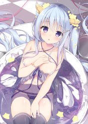 Rule 34 | 1girl, :o, babydoll, bare arms, bare shoulders, bead bracelet, beads, black thighhighs, blue eyes, blue hair, blush, bracelet, breasts, collarbone, criss-cross halter, cup, drink, frills, gluteal fold, hair ornament, hair spread out, hairclip, halterneck, highres, horns, in container, in cup, jewelry, lace, lace-trimmed panties, lace trim, large breasts, lingerie, long hair, looking at viewer, navel, no nipples, original, panties, parted lips, partially submerged, purple panties, shirosei mochi, solo, star (symbol), stomach, thighhighs, twintails, underwear, very long hair
