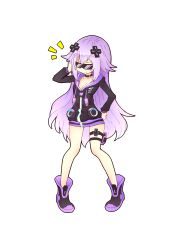 Rule 34 | 1girl, absurdres, adult neptune, bare legs, black choker, black footwear, black jacket, boots, breasts, chinese commentary, choker, cleavage, collarbone, commentary request, d-pad, d-pad hair ornament, drawstring, full body, hair ornament, hand in own hair, hand on own hip, hand up, highres, holster, huizhiyin, jacket, long hair, long sleeves, medium breasts, neptune (series), no pants, purple hair, shin jigen game neptune vii, simple background, smile, solo, standing, sunglasses, thigh holster, thighs, very long hair, white background