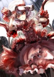 Rule 34 | 1girl, ascot, asuka shirou, bat wings, dutch angle, embellished costume, female focus, hand on own head, hat, hat ribbon, light purple hair, pointing, pointing at viewer, red eyes, remilia scarlet, ribbon, sash, short hair, skirt, skirt set, smile, solo, solo focus, touhou, wings, wrist cuffs