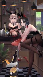 Rule 34 | 2girls, animal ears, azur lane, azur lane: slow ahead, bar (place), between breasts, black leotard, black necktie, black pantyhose, blue eyes, bottle, breasts, cleavage, cocktail glass, commentary request, crossed arms, cup, drinking glass, fake animal ears, fanchexingxianyu, grey hair, high heels, ice bucket, juice, large breasts, leotard, looking at viewer, manjuu (azur lane), midriff, mole, mole on breast, multiple girls, necktie, necktie between breasts, orange juice, pantyhose, playboy bunny, rabbit ears, short hair, spilling, tray, ulrich von hutten (azur lane), washington (azur lane), wine bottle, wine glass, wrist straps, yellow eyes
