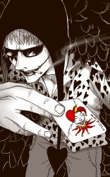 Rule 34 | 1boy, absurdres, artist name, black background, card, cigarette, donquixote rocinante, feather boa, hat, heart, heart print, highres, holding, holding card, joker (playing card), male focus, one piece, partially colored, playing card, rej11, short hair, smoke, smoking, spot color, sunglasses