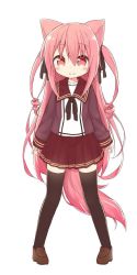 Rule 34 | 1girl, animal ears, ayanepuna, black thighhighs, commentary request, drill hair, fox ears, fox girl, fox tail, full body, hair ribbon, jacket, long hair, miniskirt, original, pink eyes, pink hair, pleated skirt, ribbon, shirt, simple background, skirt, smile, solo, tail, thighhighs, twintails, white background, zettai ryouiki