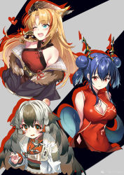 Rule 34 | 3girls, ;d, absurdres, animal ears, arknights, bare shoulders, black jacket, blonde hair, blue eyes, blue hair, breasts, ch&#039;en (ageless afterglow) (arknights), ch&#039;en (arknights), china dress, chinese clothes, cleavage, cleavage cutout, clothing cutout, covered navel, criss-cross halter, double bun, dragon horns, dress, fang, fur trim, halter dress, halterneck, hat, heart, highres, horns, jacket, kikimi, lab coat, large breasts, long hair, looking at viewer, looking away, multicolored hair, multiple girls, off shoulder, official alternate costume, one eye closed, open mouth, red dress, red eyes, smile, snowsant (arknights), streaked hair, sunglasses, swire (arknights), swire (honor and splendor) (arknights), tiger, tiger ears, twintails, two-tone hair