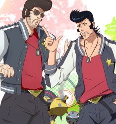 Rule 34 | 10s, 2boys, bad id, bad pixiv id, badge, belt, black hair, black pants, brown eyes, crash, dandy (space dandy), dog tags, eye contact, facial hair, gudon (iukhzl), jacket, jewelry, looking at another, male focus, multiple boys, mustache, necklace, open mouth, pants, pointing, pompadour, spacecraft, space dandy, standing, sunglasses, sweatdrop