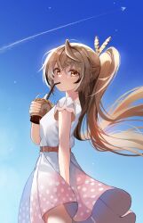 Rule 34 | 1girl, absurdres, ahoge, aircraft, airplane, alternate costume, belt, blue sky, brown eyes, brown hair, coffee, coffee cup, cup, disposable cup, dress, drinking, feather hair ornament, feathers, frappuccino, frilled sleeves, frills, gradient dress, hair ornament, hairclip, highres, holding, holding cup, hololive, hololive english, jet, light particles, long hair, looking at viewer, multicolored hair, nanashi mumei, naseul 777, pink dress, polka dot, polka dot dress, ponytail, short sleeves, sky, streaked hair, sundress, very long hair, virtual youtuber, white dress, wind, wind lift