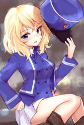 Rule 34 | 1022 deadly, 1girl, bc freedom (emblem), bc freedom military uniform, blonde hair, blue eyes, blue hat, blue vest, emblem, girls und panzer, hand on own hip, hat, high collar, jacket, long sleeves, looking at viewer, medium hair, open mouth, oshida (girls und panzer), pleated skirt, skirt, smile, solo, uniform, vest