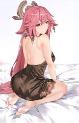 Rule 34 | 1girl, absurdres, animal ears, arm support, bad id, bad pixiv id, bare back, bare legs, bare shoulders, barefoot, bed sheet, breasts, dress, earrings, fox ears, from behind, gem, genshin impact, halo, halterneck, highres, jewelry, lace, lace-trimmed dress, lace trim, lingerie, long hair, negligee, nightgown, on bed, parted lips, pink hair, plantar flexion, purple eyes, ritalem, seiza, short dress, sitting, sleepwear, sleeveless, soles, solo, toes, underwear, very long hair, white background, yae miko