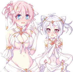 Rule 34 | 2girls, bare shoulders, blue eyes, braided hair rings, breasts, bridal gauntlets, flat chest, hair horns, highres, kokkoro (ceremonial) (princess connect!), kokkoro (princess connect!), large breasts, multiple girls, navel, pink eyes, pink hair, pointy ears, princess connect!, revealing clothes, simple background, white hair, yamada (hvcij), yui (ceremonial) (princess connect!), yui (princess connect!)