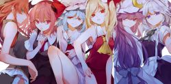 Rule 34 | 6+girls, blonde hair, blue eyes, braid, closed mouth, commentary request, crescent, crescent hat ornament, embodiment of scarlet devil, expressionless, feet out of frame, flandre scarlet, hair intakes, hat, hat ornament, head wings, highres, hong meiling, izayoi sakuya, koakuma, long hair, mob cap, multiple girls, one side up, patchouli knowledge, pointy ears, profile, purple eyes, purple hair, red eyes, remilia scarlet, risui (suzu rks), side braids, sideways glance, touhou, twin braids, white background, white headwear, wings, ||/