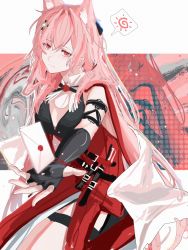 Rule 34 | 1girl, absurdres, animal ears, arknights, black gloves, black shirt, cowboy shot, envelope, extra ears, fingerless gloves, gloves, hair between eyes, hair ornament, highres, long hair, looking at viewer, pink hair, pozyomka (arknights), red eyes, shirt, simple background, solo, speech bubble, wax seal, wolf ears, wolf girl, zuo daoxing