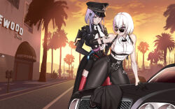 Rule 34 | 2girls, absurdres, agave, alisa: echo (punishing: gray raven), alisa (punishing: gray raven), alternate costume, armpit crease, arrest, aviator sunglasses, bare shoulders, belt, black jacket, black leggings, black necktie, black pants, black skirt, boots, breasts, building, car, center-flap bangs, chain, chest harness, chinese commentary, cloud, collared shirt, commentary, cropped jacket, cuffs, gloves, grand theft auto, grand theft auto v, hair ornament, half gloves, harness, hat, highres, insignia, jacket, joints, lamppost, leaning, leaning forward, leggings, liv (punishing: gray raven), looking at viewer, lzypoipoi, mechanical arms, medium breasts, motor vehicle, mountainous horizon, multicolored hair, multiple girls, necktie, no u-turn sign, official alternate costume, on vehicle, orange sky, out of character, outdoors, palm leaf, palm tree, pants, parking meter, parody, pavement, pink eyes, pink hair, police, police hat, police uniform, policewoman, punishing: gray raven, purple eyes, purple hair, radio antenna, red footwear, ringed eyes, road, road sign, robot joints, shirt, short-sleeved jacket, short hair, short sleeves, shoulder boards, shoulder tattoo, sign, single mechanical arm, skin tight, skirt, sky, sleeveless, sleeveless shirt, streaked hair, sunglasses, sunset, tattoo, thigh boots, tree, uniform, upper body, walkie-talkie, white hair, white shirt, windshield