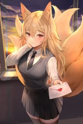 Rule 34 | 1girl, absurdres, animal ear fluff, animal ears, black necktie, black skirt, black thighhighs, black vest, blonde hair, breasts, closed mouth, collared shirt, cowboy shot, envelope, evening, fox ears, fox girl, fox tail, hand on own face, heart, highres, holding, holding envelope, indoors, korean commentary, lillly, looking at viewer, medium breasts, multiple tails, necktie, orange sky, original, outstretched hand, pleated skirt, red eyes, school uniform, shirt, skirt, sky, solo, tail, taut clothes, thighhighs, vest, white shirt, window, zettai ryouiki