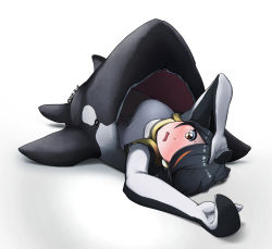 Rule 34 | 10s, 1girl, black hair, blush, brown eyes, commentary, dated, emperor penguin (kemono friends), frankseven, hair over one eye, kemono friends, leotard, long hair, looking at viewer, lying, on back, open mouth, orca, revision, simple background, sleeping bag, solo, white background, white leotard