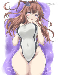 Rule 34 | 1girl, afloat, artist name, blue eyes, blush, breasts, brown hair, competition swimsuit, dated, gakky, hair between eyes, high side ponytail, kantai collection, large breasts, long hair, looking at viewer, one-piece swimsuit, open mouth, ponytail, saratoga (kancolle), side ponytail, smokestack, smokestack hair ornament, solo, swimsuit, water, white one-piece swimsuit
